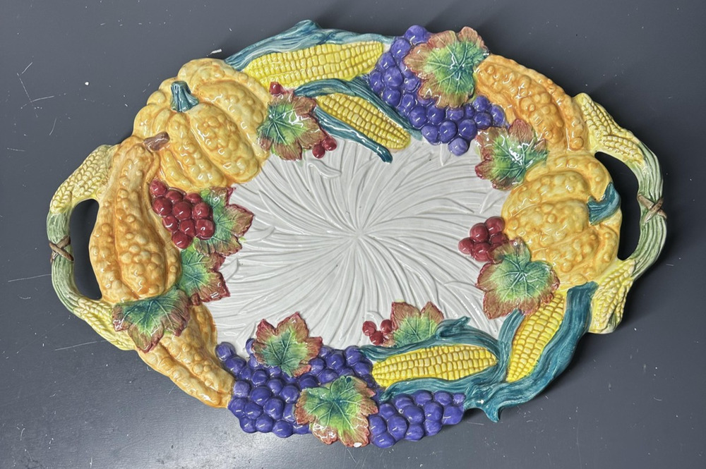 Vintage Fitz and Floyd Hand Painted Fruit Corn Grapes Relief Oval Platter 1995